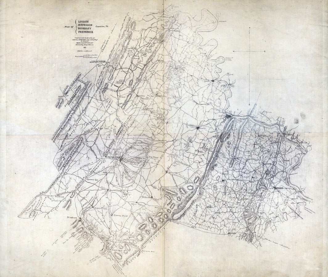 1862 Map of Loudon Jefferson Berkeley & Frederick County Virginia Building Locations