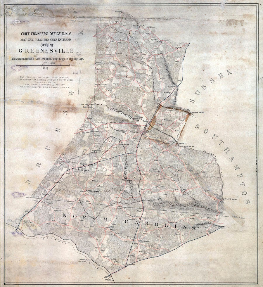 1864 Map of Greensville County Virginia Family Names Genealogy