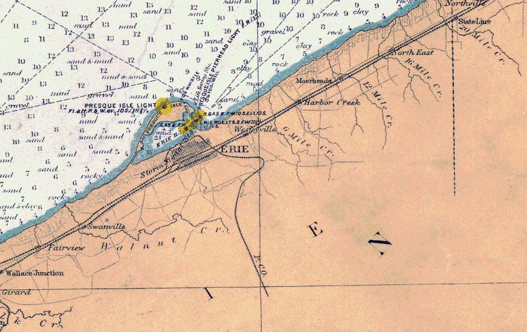1903 Nautical Map of Lake Erie USA & Canada Presque Isle Cleveland Sandusky