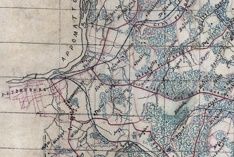 1864 Map of Prince George County Virginia Family Names Genealogy