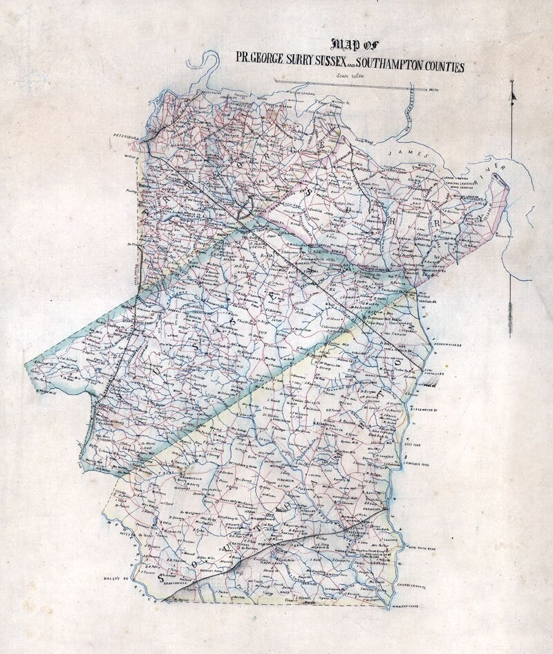 1865 Map of Prince George Surry Sussex & Southampton Co Virginia Family Names Genealogy