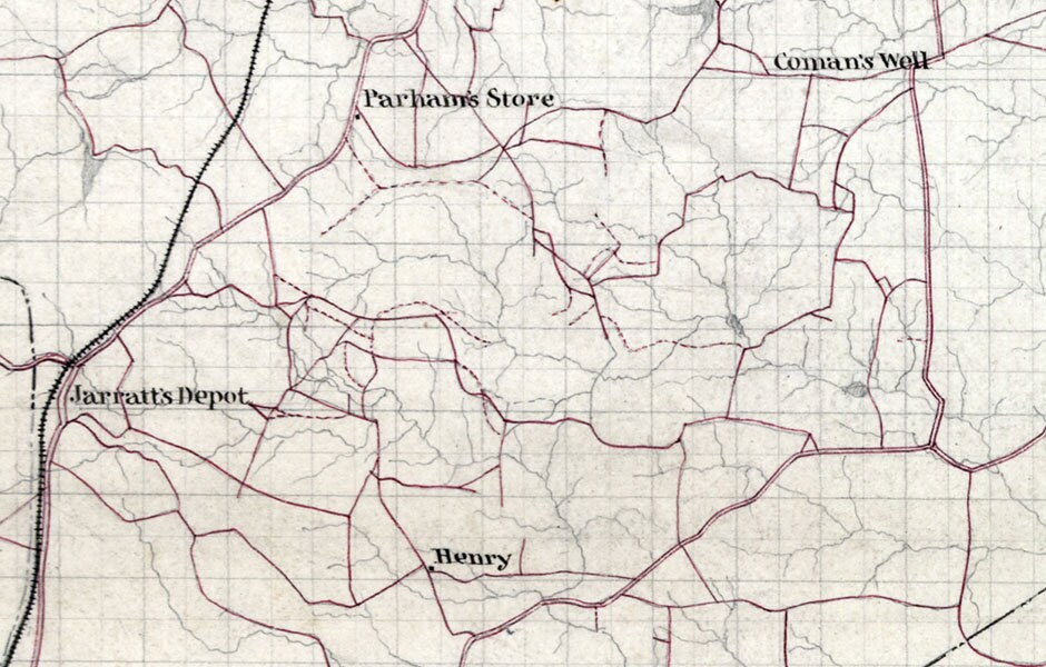 1867 Map of Sussex and Southampton County Virginia