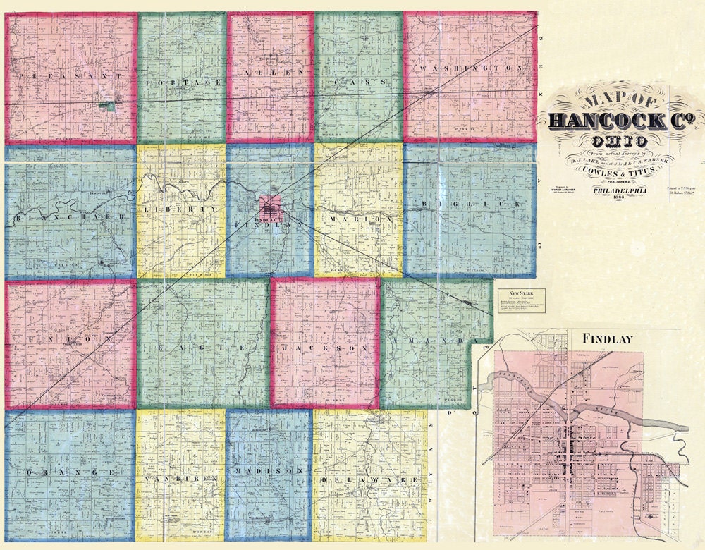 1863 Farm Line Map of Hancock County Ohio Findlay