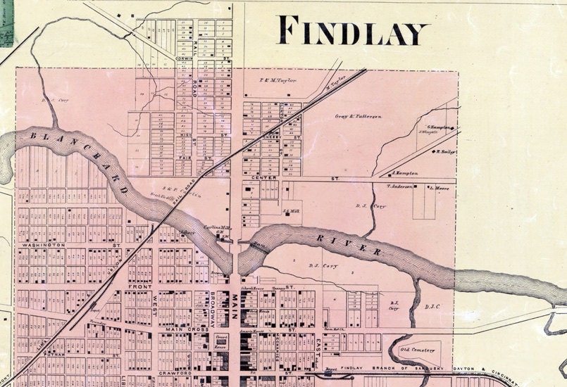 1863 Farm Line Map of Hancock County Ohio Findlay