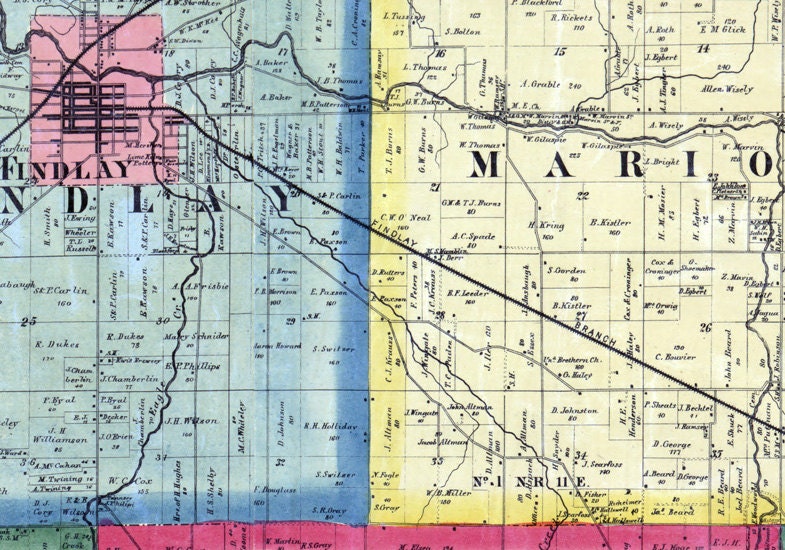 1863 Farm Line Map of Hancock County Ohio Findlay