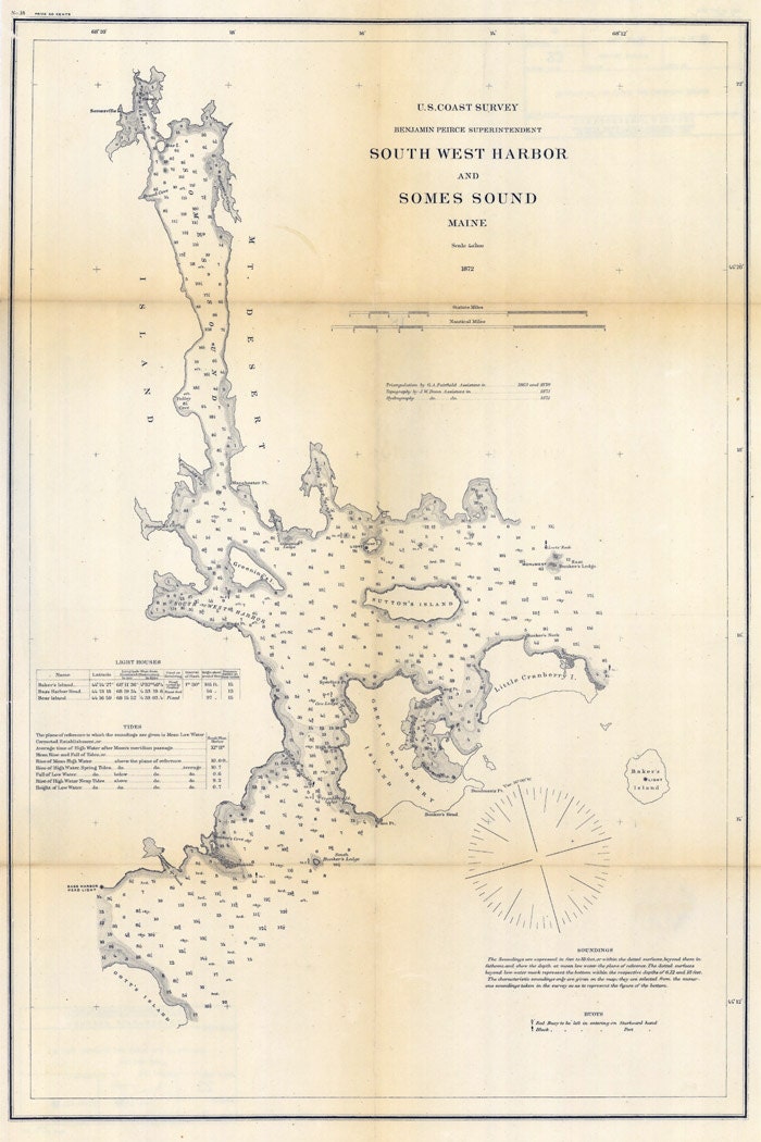 1872 Map of South West Harbor and Some Sound Maine