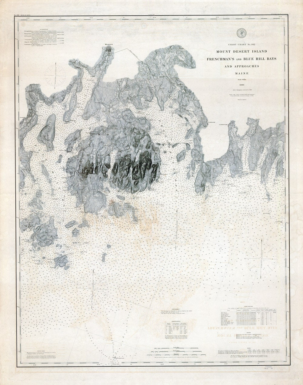 1886 Nautical Chart Map of Mount Desert Island Blue Hill Bays Maine