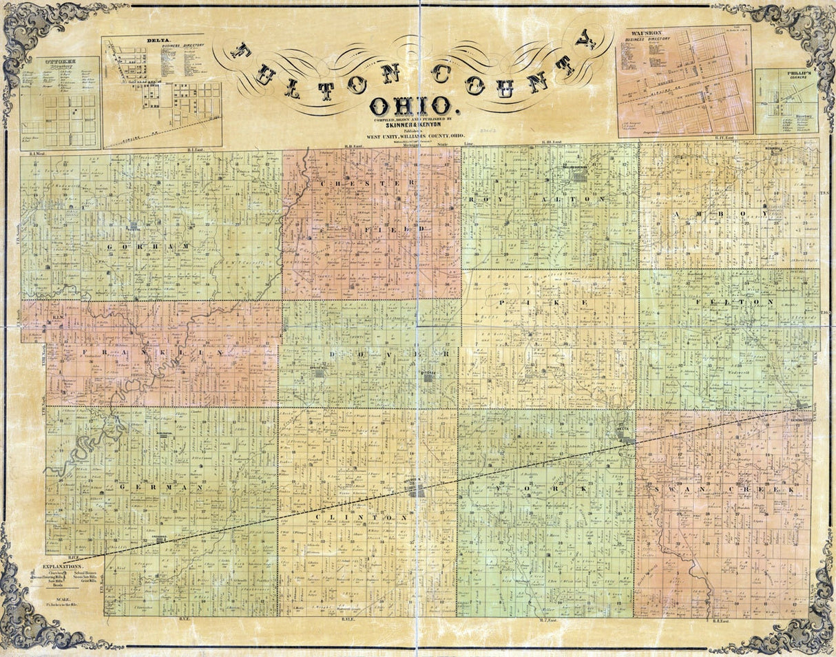 1850 Farm Line Map of Fulton County Ohio Delta Wauseon