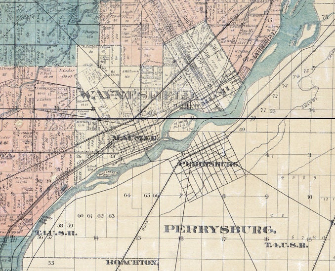 1888 Farm Line Map of Lucas County Ohio Waynesfield
