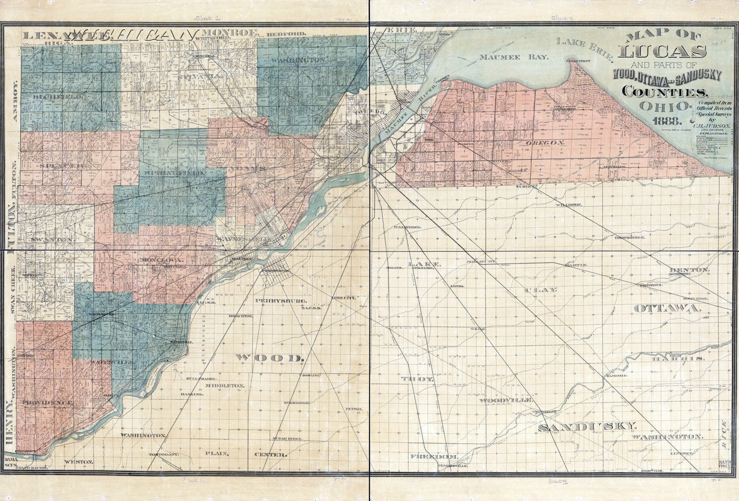 1888 Farm Line Map of Lucas County Ohio Waynesfield