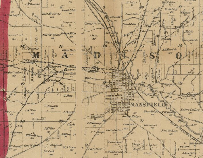 1856 Farm Line Map of Richland County Ohio Shelby Bell Ville