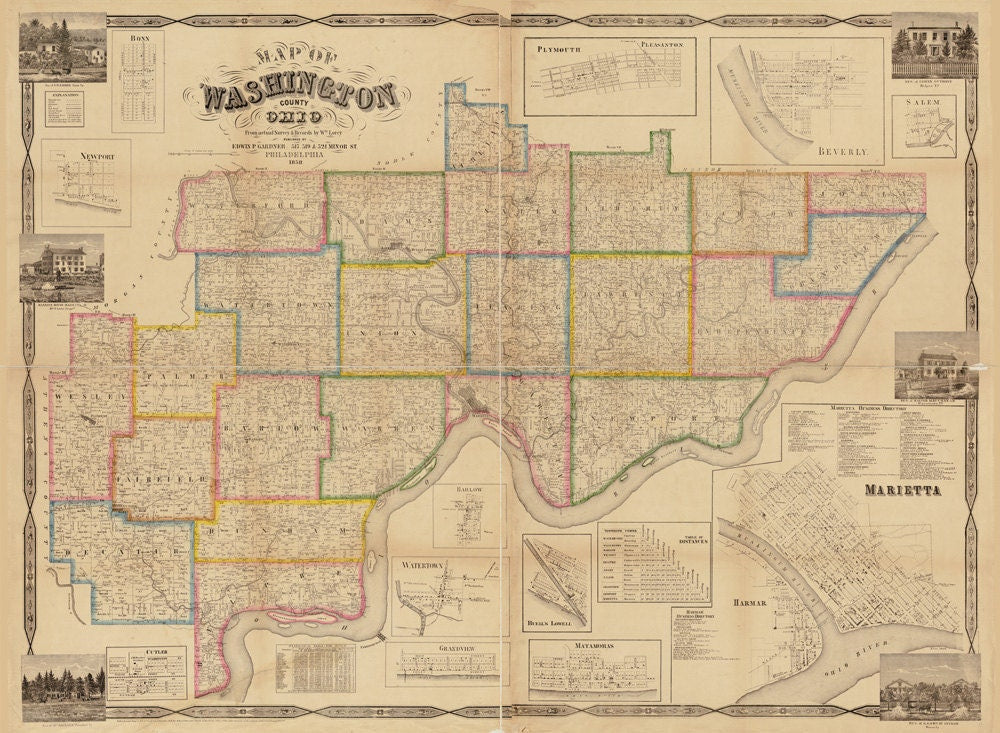 1858 Farm Line Map of Washington County Ohio from actual surveys Marietta