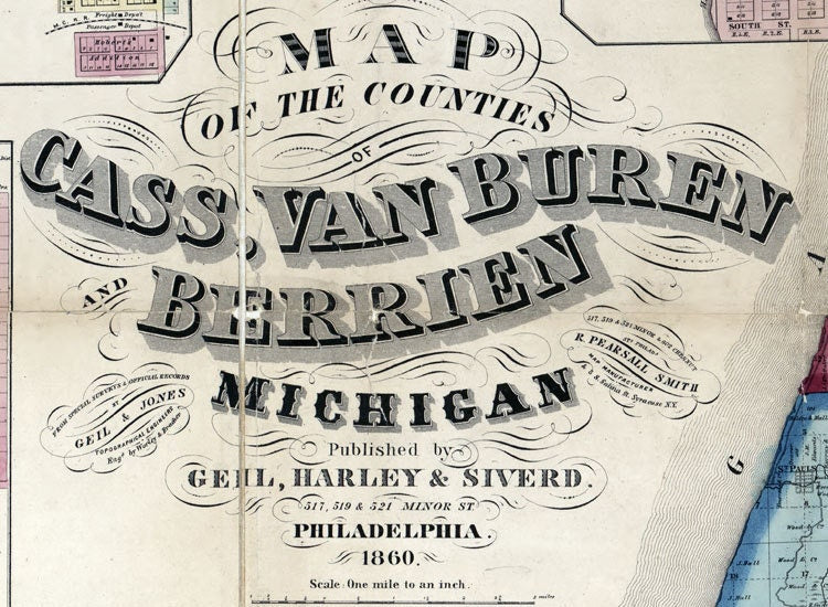 1859 Farm Line Map of Cass Van Buren and Berrien County Michigan City of Niles