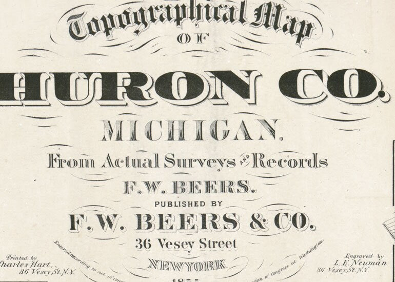 1875 Farm Line Map of Huron County Michigan Caseville White Rock