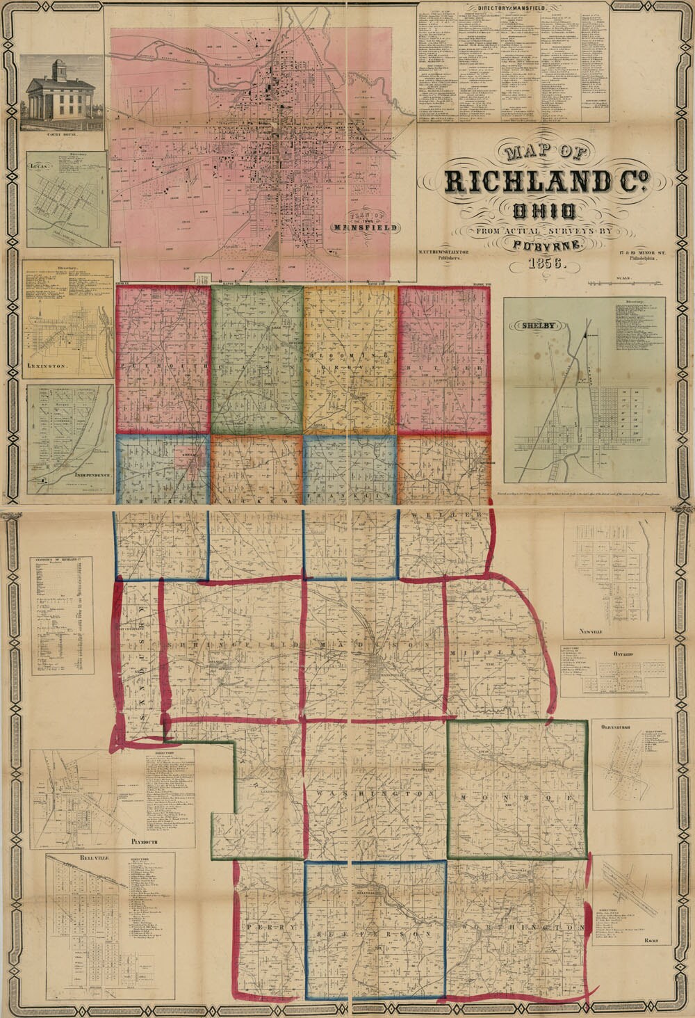 1856 Farm Line Map of Richland County Ohio Shelby Bell Ville