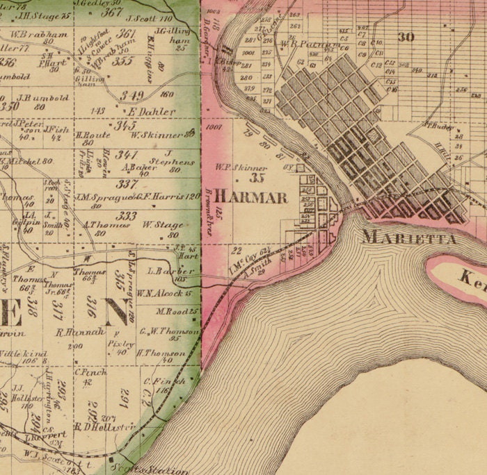 1858 Farm Line Map of Washington County Ohio from actual surveys Marietta