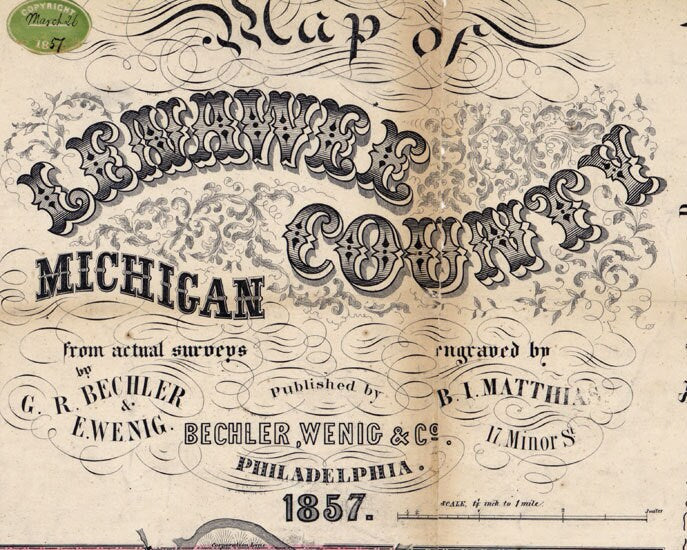 1857 Farm Line Map of Lenawee County Michigan Adrian