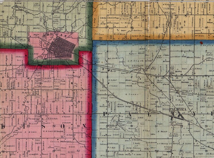 1857 Farm Line Map of Lenawee County Michigan Adrian