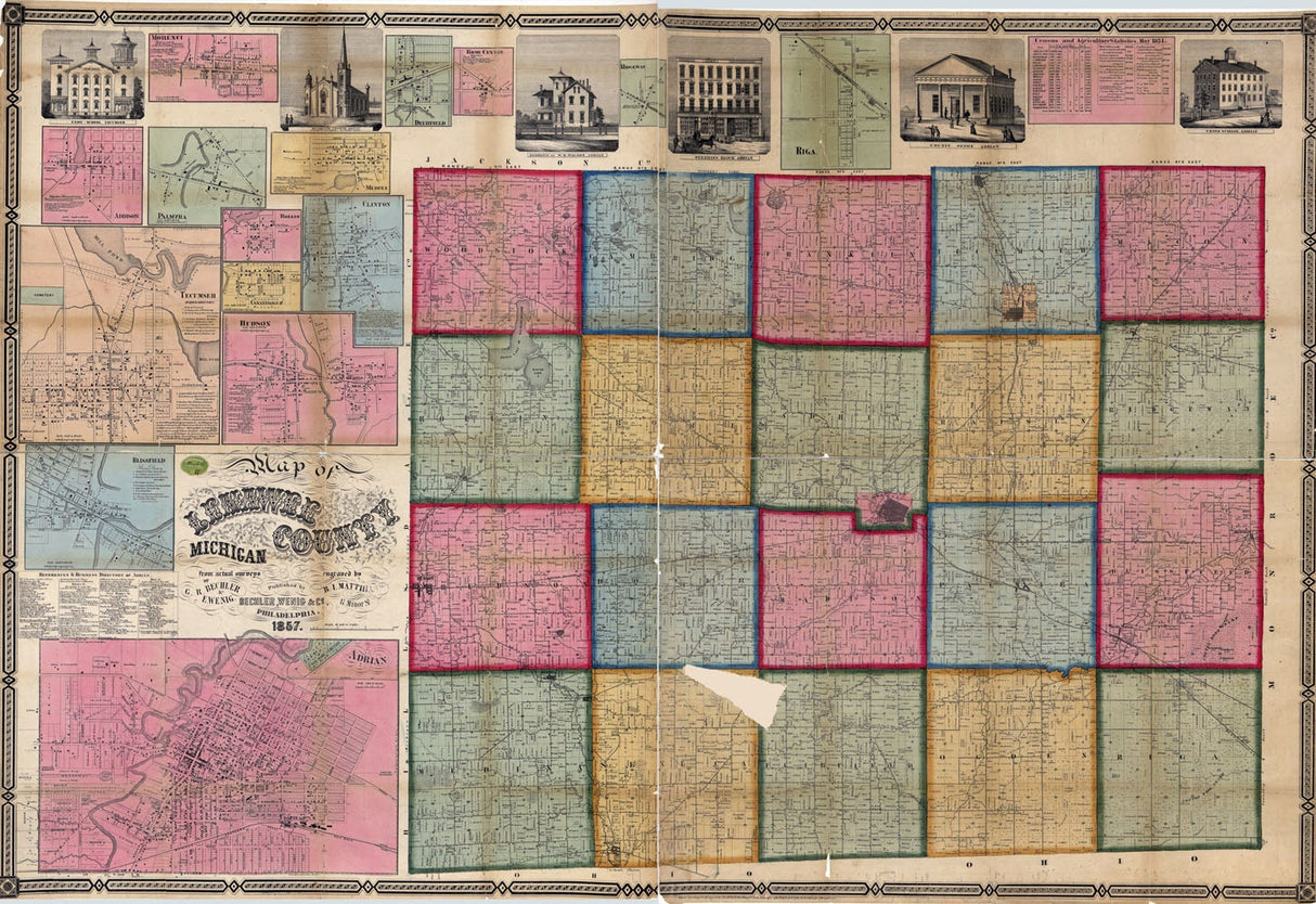 1857 Farm Line Map of Lenawee County Michigan Adrian