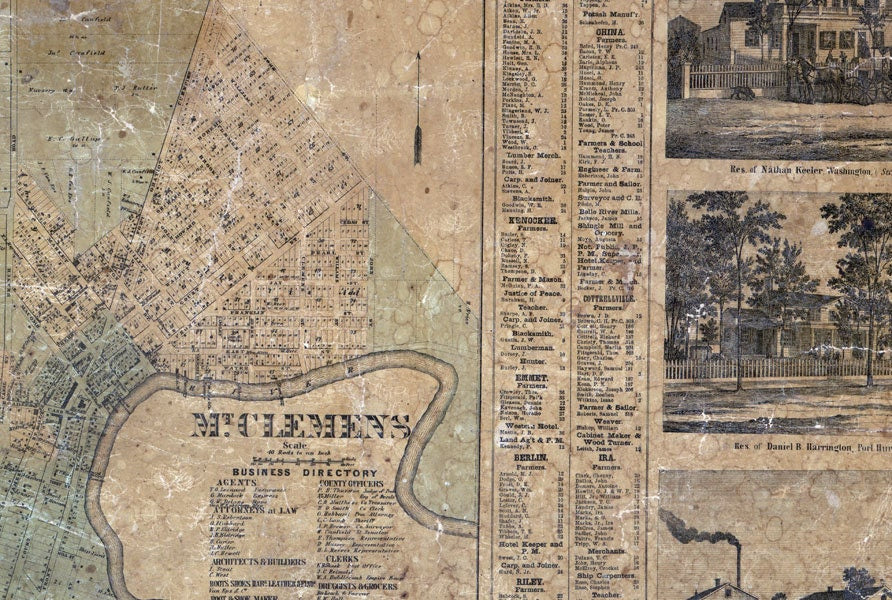 1859 Map of Macomb & Saint Clair County Michigan Port Huron City