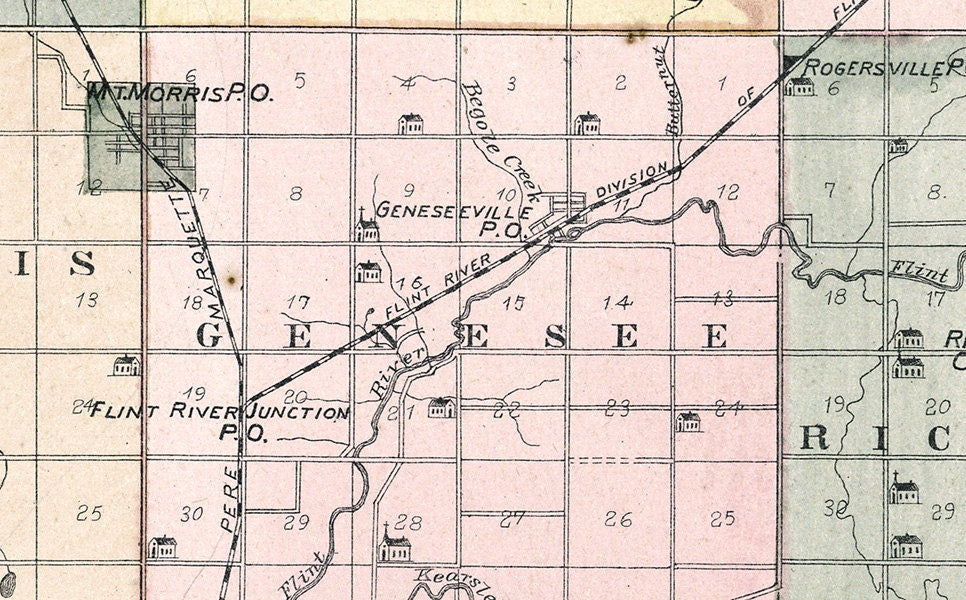 1889 Map of Genesee County Michigan Historical Cemeteries Schools Genealogy