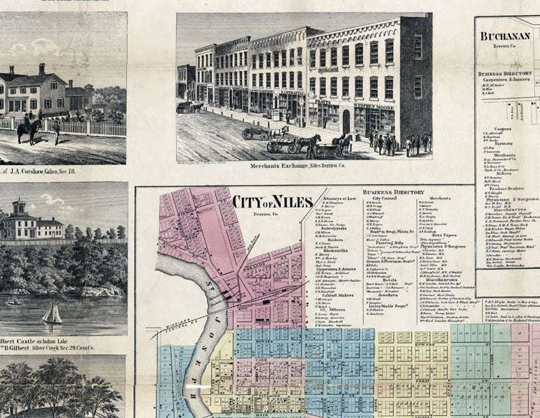 1859 Farm Line Map of Cass Van Buren and Berrien County Michigan City of Niles