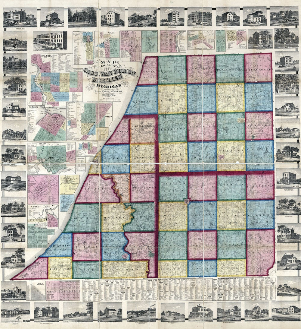 1859 Farm Line Map of Cass Van Buren and Berrien County Michigan City of Niles