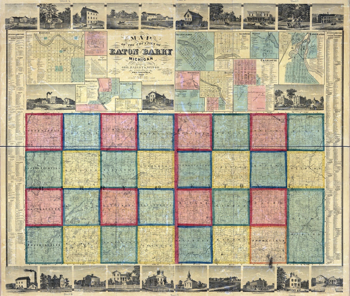 1860 Farm Line Map of Eaton and Barry County Michigan Hastings