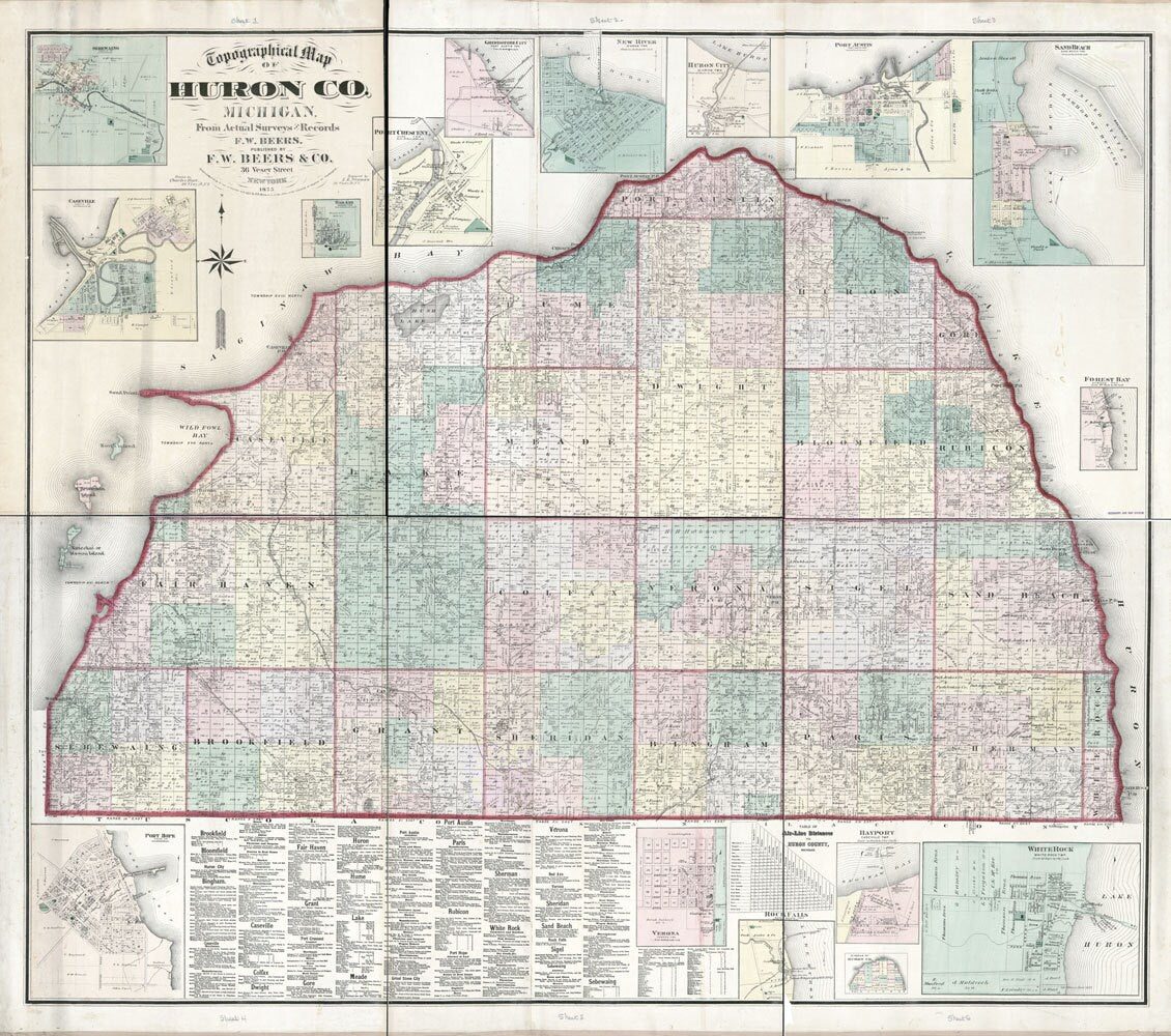 1875 Farm Line Map of Huron County Michigan Caseville White Rock