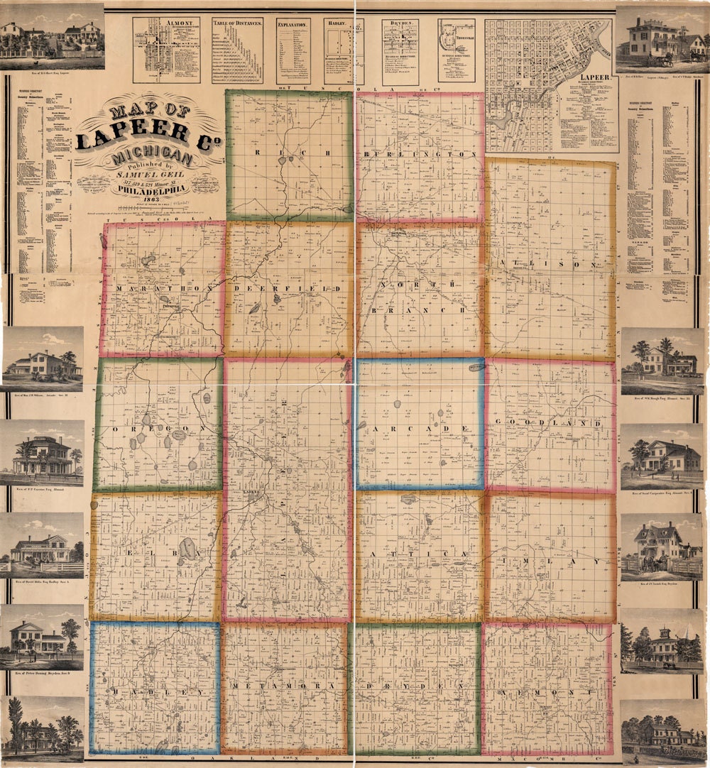1863 Farm Line Map of Lapeer County Michigan