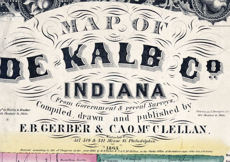 1863 Farm Line Map of De Kalb County Indiana Waterloo City