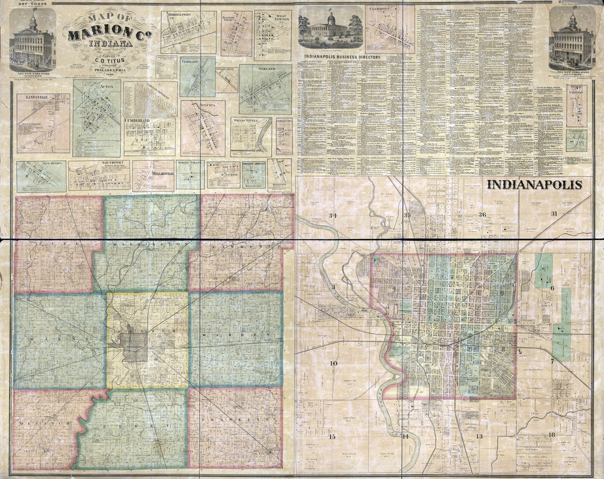 1866 Farm Line Map of Marion County Indiana Indianapolis