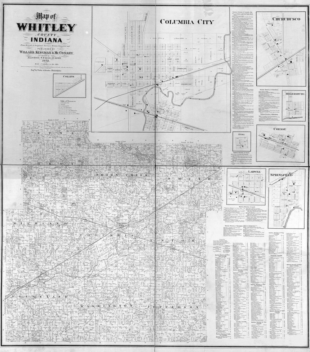 1873 Farm Line Map of Whitley County Indiana Columbia City