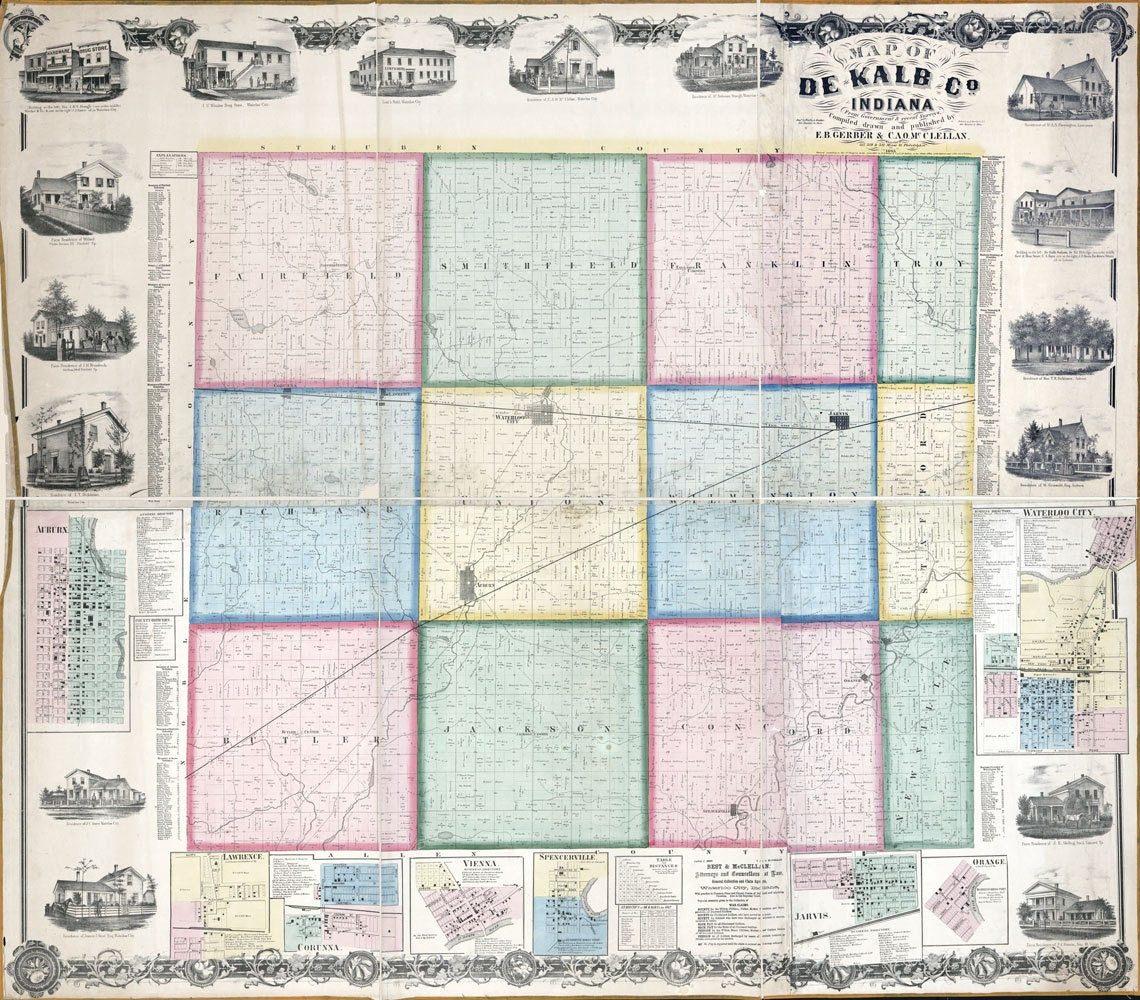 1863 Farm Line Map of De Kalb County Indiana Waterloo City