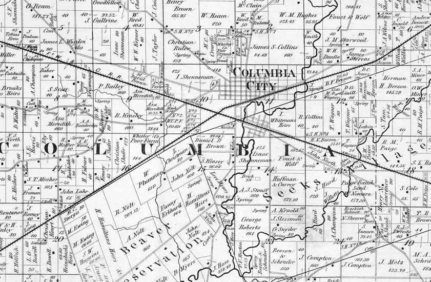 1873 Farm Line Map of Whitley County Indiana Columbia City