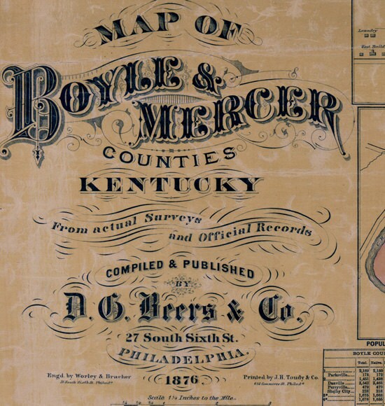 1876 Map of Boyle & Mercer County Kentucky Danville