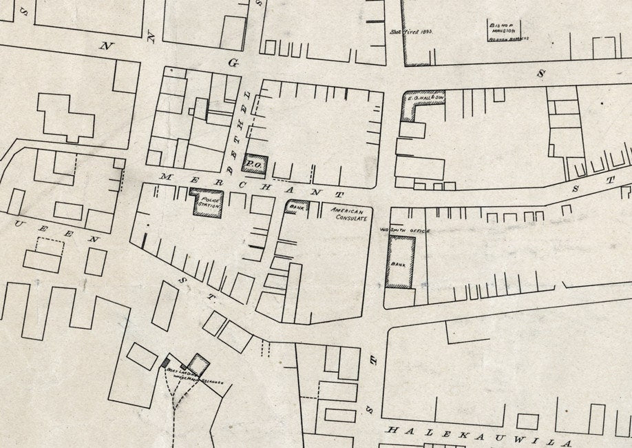 1893 Map of Lower Part of Honolulu Hawaii