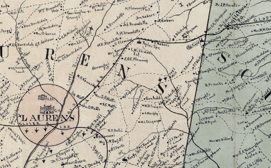 1883 Map of Laurens County South Carolina Family Names