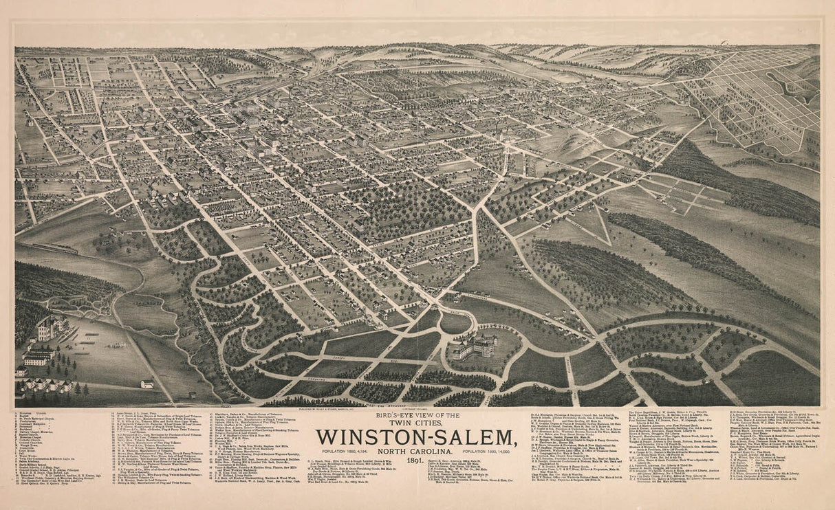 1891 Aerial Panoramic Map of Winston-Salem North Carolina