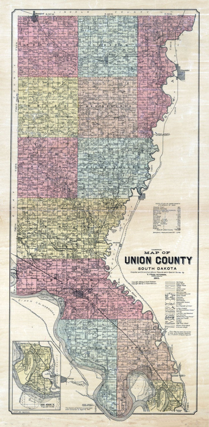 1892 Map of Union County South Dakota Big Sioux