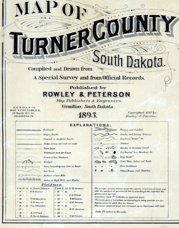 1893 Map of Turner County South Dakota Parker Marion Junction