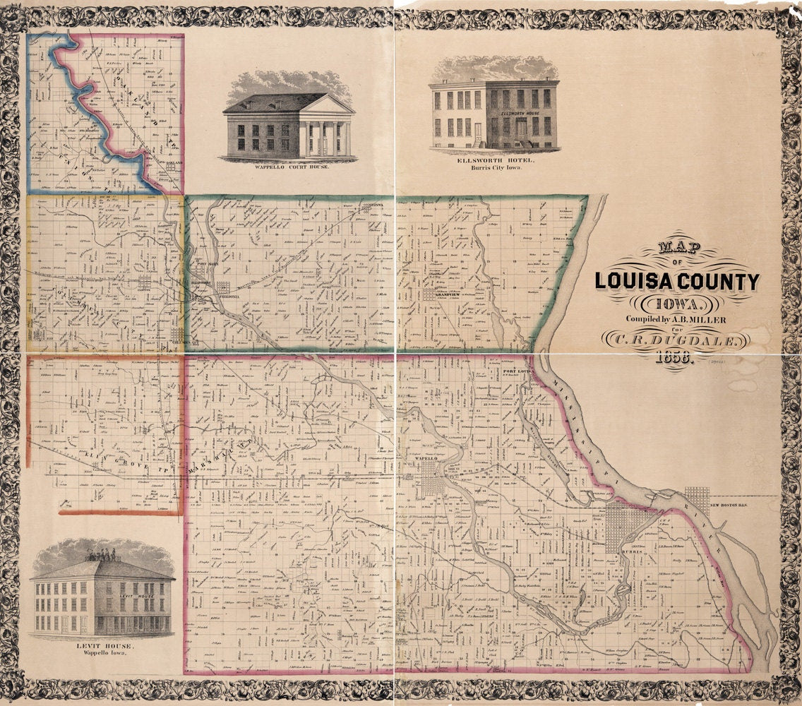 1858 Map of Louisa County Iowa Burris