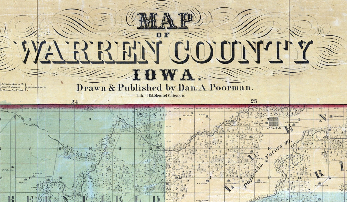 1859 Farm Line Map of Warren County Iowa Indianola