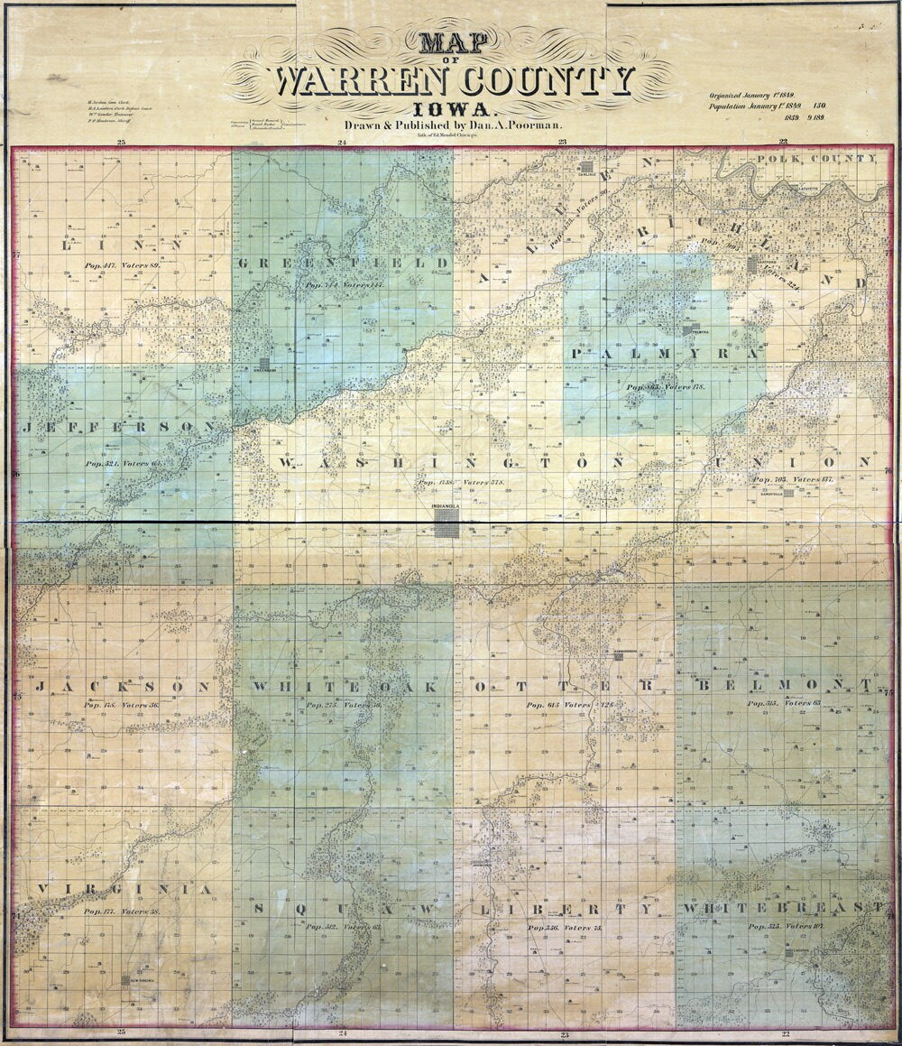 1859 Farm Line Map of Warren County Iowa Indianola