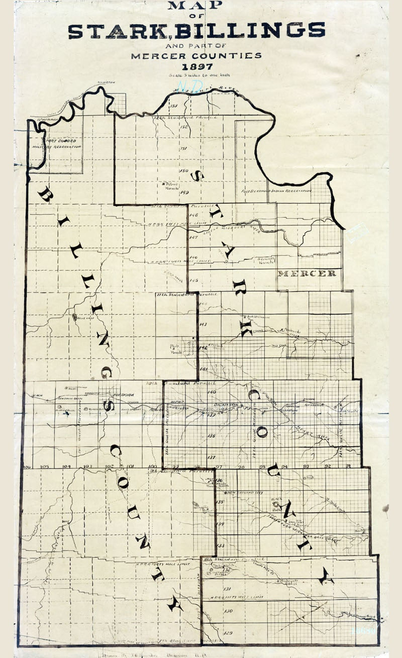 1897 Map of Stark Billings and part of Mercer County North Dakota