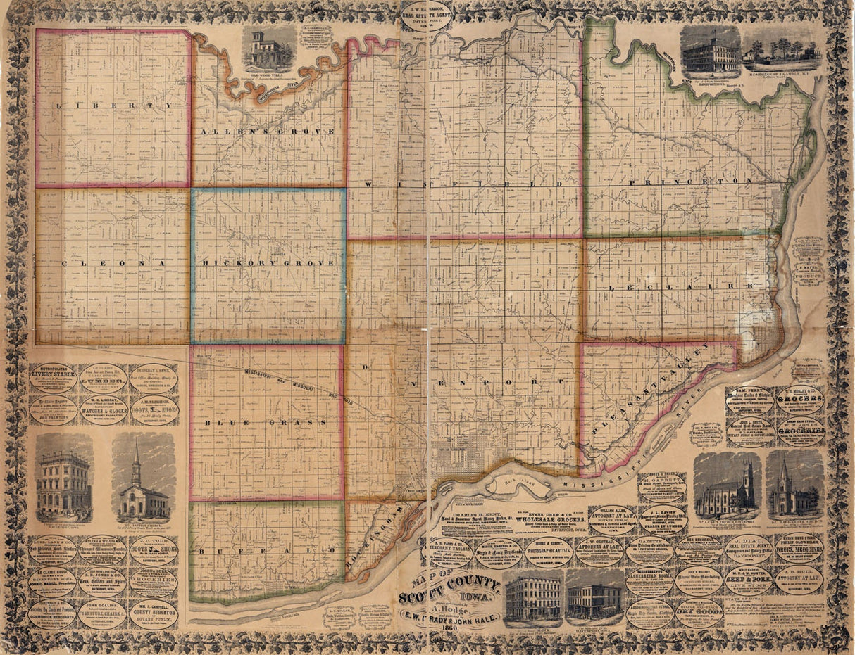 1860 Farm Line Map of Scott County Iowa
