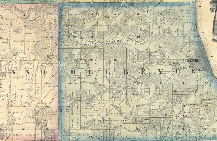 1867 Farm Line Map of Jackson County Iowa Bellevue
