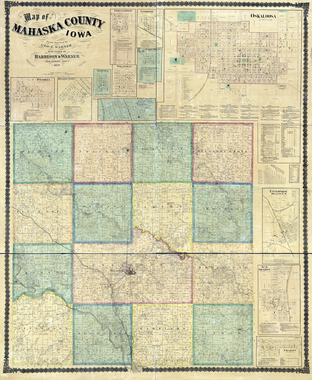 1871 Map of Mahaska County Iowa Oskaloosa