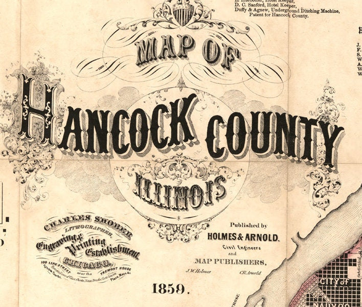1859 Map of Hancock County Illinois Carthage
