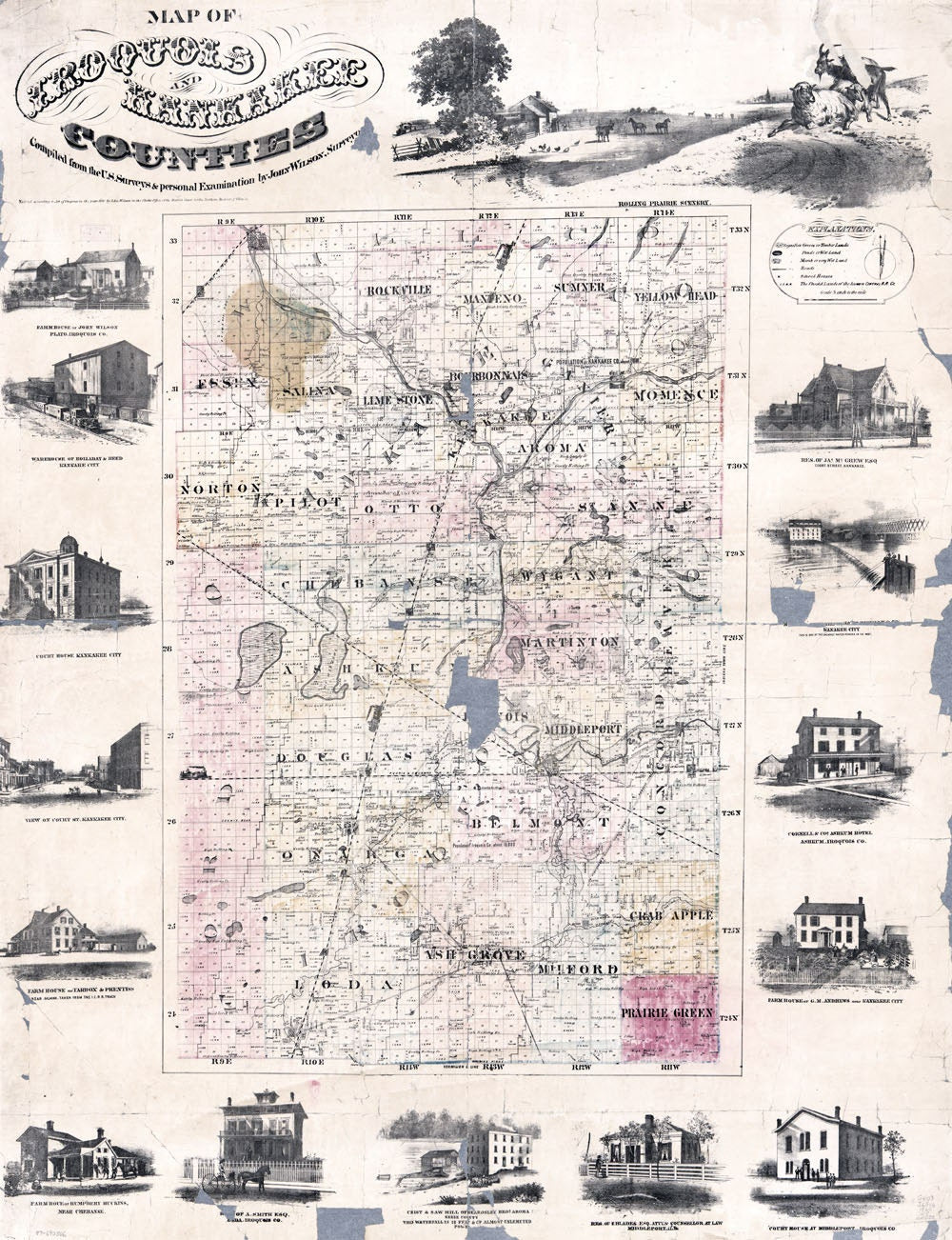 1860 Map of Iroquois and Kankakee County Illinois